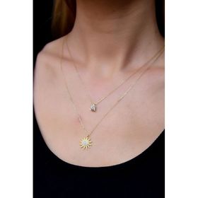 Papatya Silver 925 Ayar Gümüş Gold Kaplama Asansörlü Tek Taş Güneş Kolye