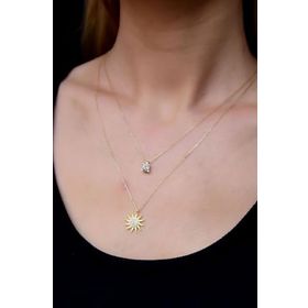 Papatya Silver 925 Ayar Gümüş Gold Kaplama Asansörlü Tek Taş Güneş Kolye