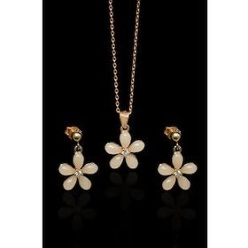 Papatya Silver 925 Ayar Gümüş Gold Kaplama Ay Taşı Yasemin Çiçeği Kolye ve Küpe Seti