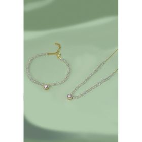 Papatya Silver 925 Ayar Gümüş Gold Kaplama Beyaz Boncuklu, Tek Taşlı Bileklik ve Kolye Set