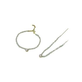 Papatya Silver 925 Ayar Gümüş Gold Kaplama Beyaz Boncuklu, Tek Taşlı Bileklik ve Kolye Set