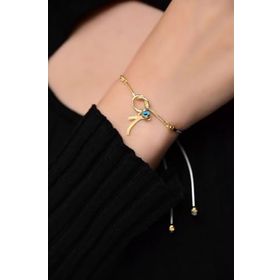 Papatya Silver 925 Ayar Gümüş Gold Kaplama Beyaz İpli Harfli Cam Göz Düğüm Kadın Bileklik