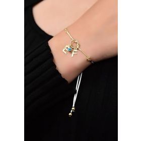 Papatya Silver 925 Ayar Gümüş Gold Kaplama Beyaz İpli Kesim E-F Harfli Cam Göz Düğüm Kadın Bileklik