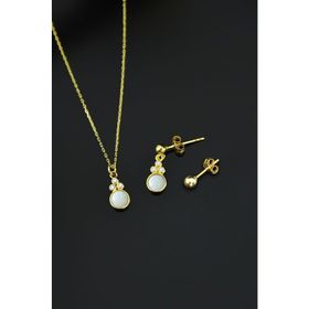 Papatya Silver 925 Ayar Gümüş Gold Kaplama Beyaz Opal Yuvarlak Kolye Çivili ve Top Küpe Set