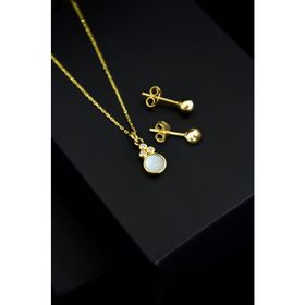 Papatya Silver 925 Ayar Gümüş Gold Kaplama Beyaz Opal Yuvarlak Kolye Çivili ve Top Küpe Set