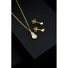 Papatya Silver 925 Ayar Gümüş Gold Kaplama Beyaz Opal Yuvarlak Kolye Çivili ve Top Küpe Set