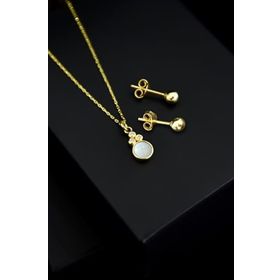 Papatya Silver 925 Ayar Gümüş Gold Kaplama Beyaz Opal Yuvarlak Kolye Çivili ve Top Küpe Set