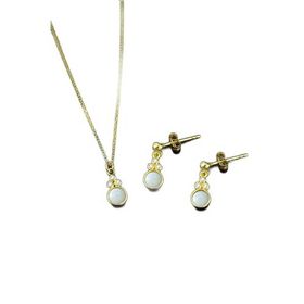 Papatya Silver 925 Ayar Gümüş Gold Kaplama Beyaz Opal Yuvarlak Kolye ve Çivili Küpe Set