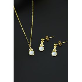 Papatya Silver 925 Ayar Gümüş Gold Kaplama Beyaz Opal Yuvarlak Kolye ve Çivili Küpe Set