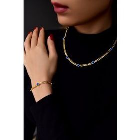Papatya Silver 925 Ayar Gümüş Gold Kaplama Cam Göz Zincir Kolye ve Bileklik Set