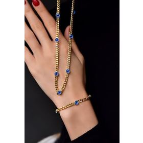 Papatya Silver 925 Ayar Gümüş Gold Kaplama Cam Göz Zincir Kolye ve Bileklik Set
