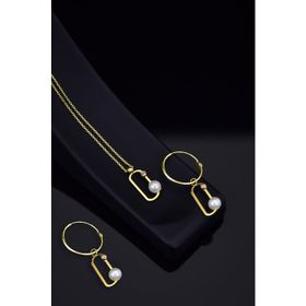 Papatya Silver 925 Ayar Gümüş Gold Kaplama Dorika Toplu İncili Ataç Kolye ve Küpe Set