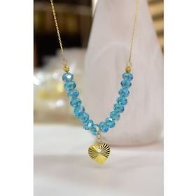 Papatya Silver 925 Ayar Gümüş Gold Kaplama Dorika Toplu, Mavi Cam Yaz Rengi Boncuk Taşlı Kristal Kesim Kalp Kolye