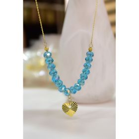 Papatya Silver 925 Ayar Gümüş Gold Kaplama Dorika Toplu, Mavi Cam Yaz Rengi Boncuk Taşlı Kristal Kesim Kalp Kolye