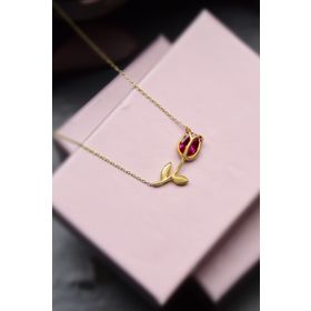 Papatya Silver 925 Ayar Gümüş Gold Kaplama Fuşya Taşlı Lale Kolye