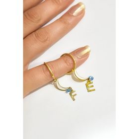 Papatya Silver 925 Ayar Gümüş Gold Kaplama Gök Mavisi Zirkon Taş ve Harf Sallantılı Beyaz Mineli Hilal Halka Küpe