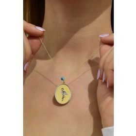 Papatya Silver 925 Ayar Gümüş Gold Kaplama Gözlü Flamingo Plaka Kolye