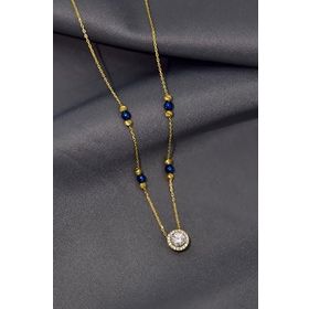 Papatya Silver 925 Ayar Gümüş Gold Kaplama Lacivert Boncuklu Dorika Toplu Kayan Tek Taş Kolye