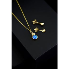 Papatya Silver 925 Ayar Gümüş Gold Kaplama Mavi Opal Yuvarlak Kolye Çivili Top Küpe Set