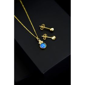 Papatya Silver 925 Ayar Gümüş Gold Kaplama Mavi Opal Yuvarlak Kolye Çivili Top Küpe Set