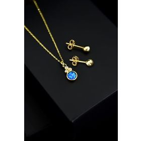 Papatya Silver 925 Ayar Gümüş Gold Kaplama Mavi Opal Yuvarlak Kolye Çivili Top Küpe Set