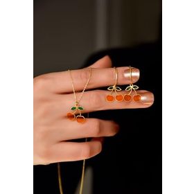 Papatya Silver 925 Ayar Gümüş Gold Kaplama Özel Tasarım Turuncu Kiraz Kolye Ve Küpe Set