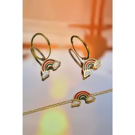 Papatya Silver 925 Ayar Gümüş Gold Kaplama Parlayan Rüya Serisi Mineli Gökkuşağı Halka Küpe ve Bileklik Set