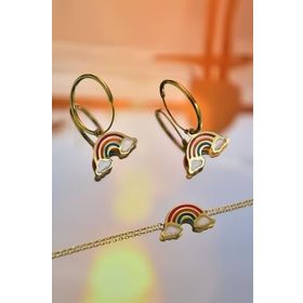 Papatya Silver 925 Ayar Gümüş Gold Kaplama Parlayan Rüya Serisi Mineli Gökkuşağı Halka Küpe ve Bileklik Set