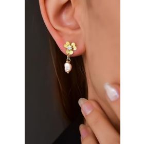 Papatya Silver 925 Ayar Gümüş Gold Kaplama Pembe İnci Sallantılı Zirkon Taşlı Frezya Çiçeği Küpe