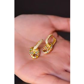 Papatya Silver 925 Ayar Gümüş Gold Kaplama Puantiyeli Mineli , Zirkon TaşlI Dikdörtgen Halka Küpe