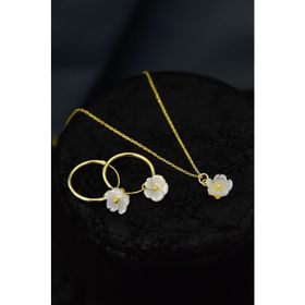 Papatya Silver 925 Ayar Gümüş Gold Kaplama Sedef Manolya Çiçeği Kolye ve Halka Küpe Set
