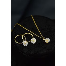 Papatya Silver 925 Ayar Gümüş Gold Kaplama Sedef Manolya Çiçeği Kolye ve Halka Küpe Set