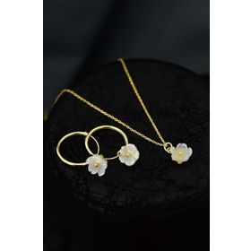 Papatya Silver 925 Ayar Gümüş Gold Kaplama Sedef Manolya Çiçeği Kolye ve Halka Küpe Set