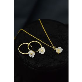Papatya Silver 925 Ayar Gümüş Gold Kaplama Sedef Manolya Çiçeği Kolye ve Halka Küpe Set