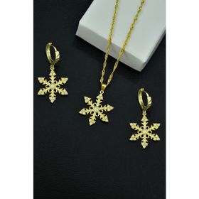 Papatya Silver 925 Ayar Gümüş Gold Kaplama Singapur Zincir Opal Kar Tanesi Kadın Kolye ve Küpe Set