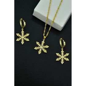 Papatya Silver 925 Ayar Gümüş Gold Kaplama Singapur Zincir Opal Kar Tanesi Kadın Kolye ve Küpe Set