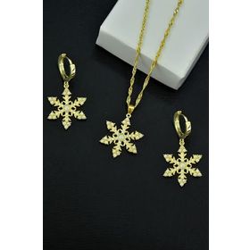 Papatya Silver 925 Ayar Gümüş Gold Kaplama Singapur Zincir Opal Kar Tanesi Kadın Kolye ve Küpe Set