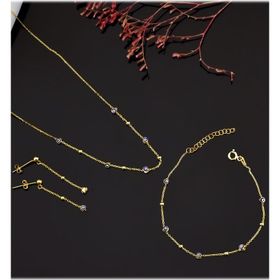 Papatya Silver 925 Ayar Gümüş Gold Kaplama Top Zincir Sallantılı Nazar Göz Kolye, Bileklik ve Küpe Set