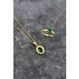 Papatya Silver 925 Ayar Gümüş Gold Kaplama Yeşim Renkli Taş Tepelikli Oval Tasarım Kolye ve Kalp Yüzük Set