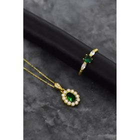 Papatya Silver 925 Ayar Gümüş Gold Kaplama Yeşim Renkli Taş Tepelikli Oval Tasarım Kolye ve Kalp Yüzük Set