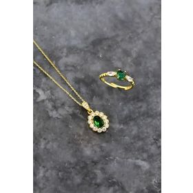 Papatya Silver 925 Ayar Gümüş Gold Kaplama Yeşim Renkli Taş Tepelikli Oval Tasarım Kolye ve Kalp Yüzük Set