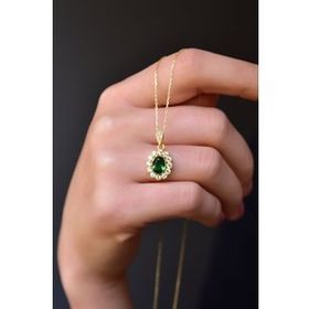 Papatya Silver 925 Ayar Gümüş Gold Kaplama Yeşim Renkli Taş Tepelikli Oval Tasarım Kolye