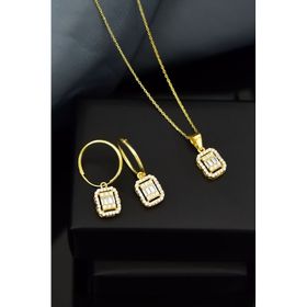 Papatya Silver 925 Ayar Gümüş Gold Kaplama Zirkon Kare Baget Taş Halka Küpe ve Tepelikli Baget Kare Taş Kolye Set