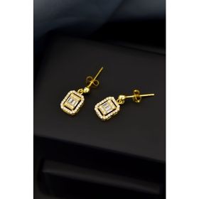 Papatya Silver 925 Ayar Gümüş Gold Kaplama Zirkon Kare Baget Taşlı Çivili Küpe