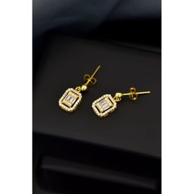 Papatya Silver 925 Ayar Gümüş Gold Kaplama Zirkon Kare Baget Taşlı Çivili Küpe