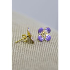 Papatya Silver 925 Ayar Gümüş Gold Kaplama Zirkon Taşlı Etnik Desenli Lila Mineli Yonca Küpe
