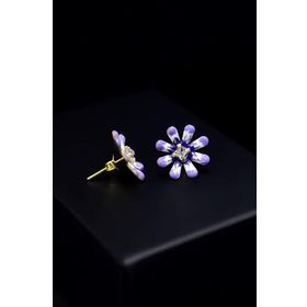 Papatya Silver 925 Ayar Gümüş Gold Kaplama Zirkon Taşlı Etnik Desenli Lila Mineli Yonca Küpe