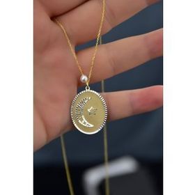 Papatya Silver 925 Ayar Gümüş Gold Rodyum Kaplama İncili Ay Yıldız Plaka Kolye