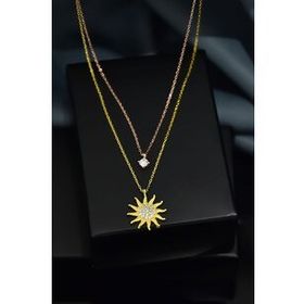 Papatya Silver 925 Ayar Gümüş Gold Rose Kaplama Zirkon Taşlı Asansörlü Tektaş ve Güneş Kolye