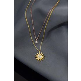 Papatya Silver 925 Ayar Gümüş Gold Rose Kaplama Zirkon Taşlı Asansörlü Tektaş ve Güneş Kolye